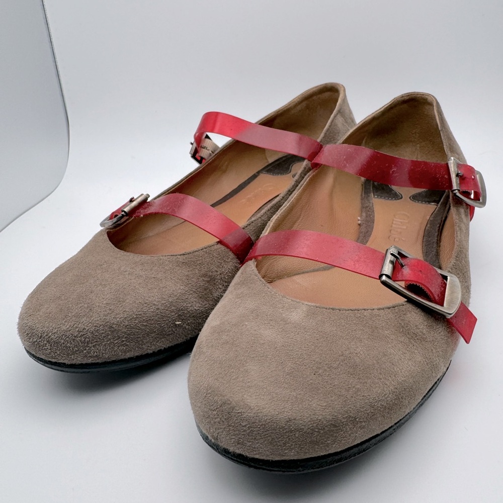 Chloe Taupe Suede Flats with Red Leather Straps